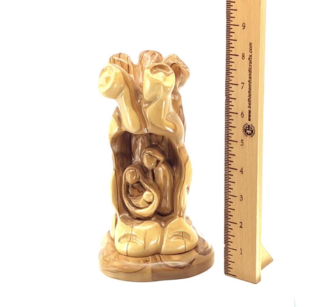 Nativity Scene Sculpture in Natural Olive Wood, 7.7" Unique Manger with The Holy Family Carving