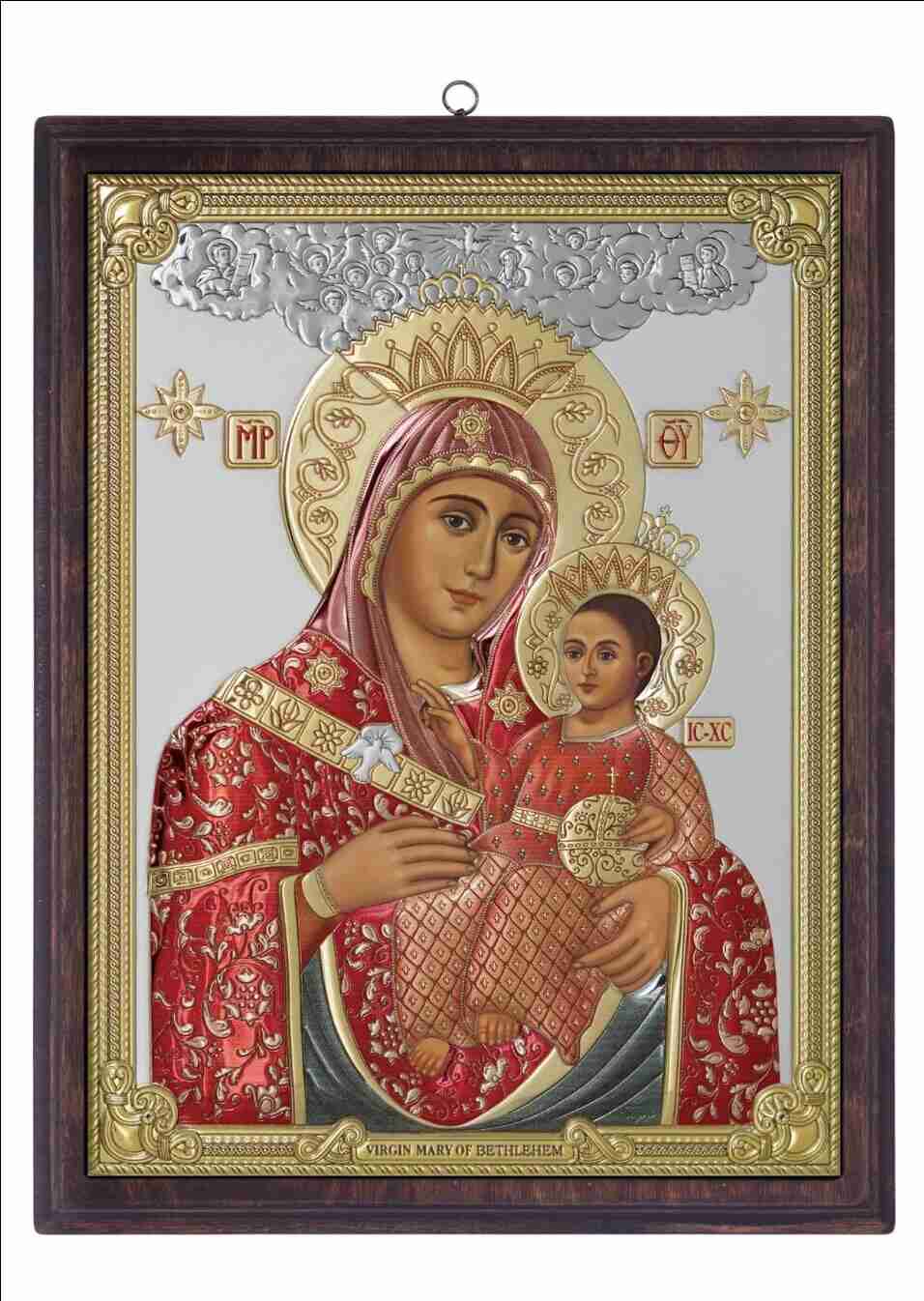 Virgin Mary Holding Child Jesus , Silver Plated Icon, Wall Hanging with Wooden Frame