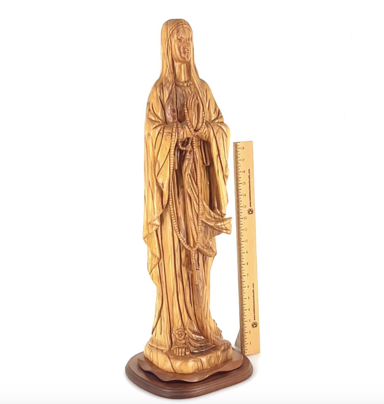 Praying Virgin Mary with a Rosary, 30" Masterpiece Olive Wood Carved Sculpture Catholic Church Art from Holy Land