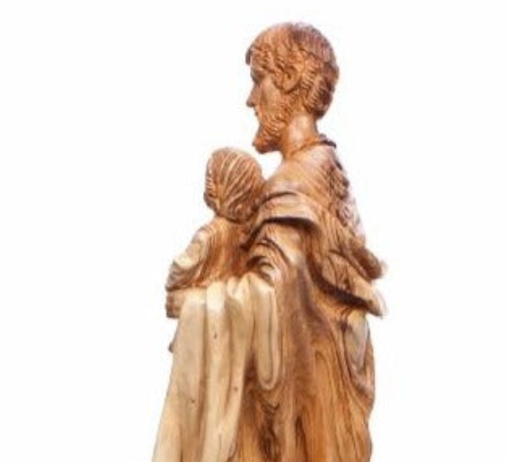 Tall Biblical Inspired Statue of St. Joesph the Father Holding Baby Jesus Christ Sculpture with Unique Grains Masterpiece Art Piece on Mahogany Base