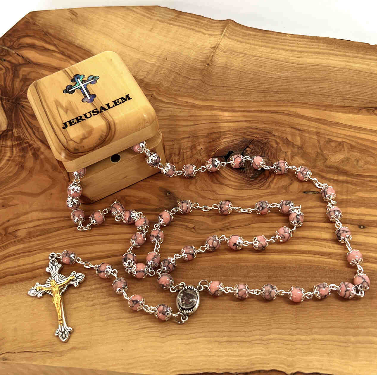 Rosary, Pink Beads, 22.4", Metal Chain, Bethlehem Handmade