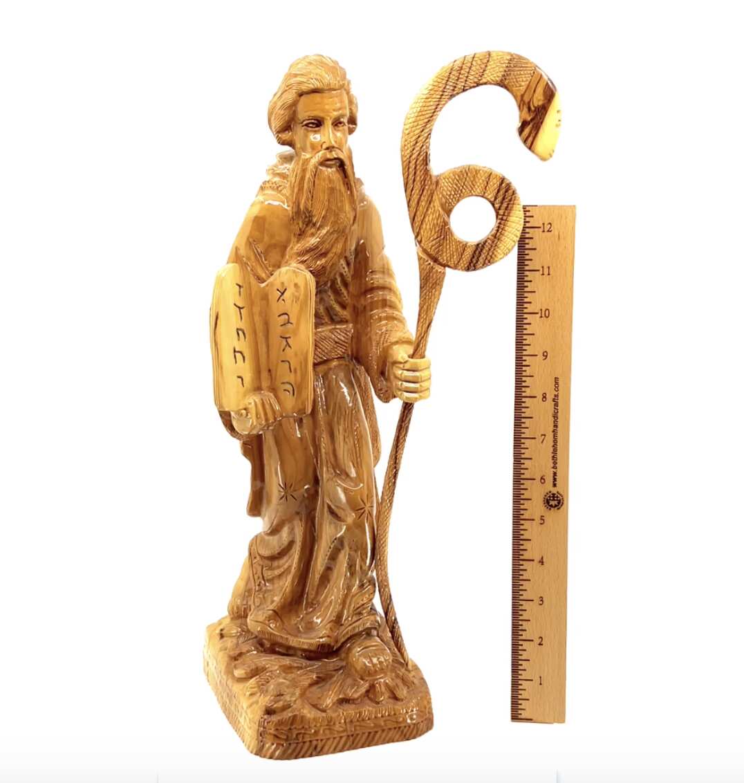 Moses with Staff and Ten Commandment Tablets, 17" Statue from Holy Land Olive