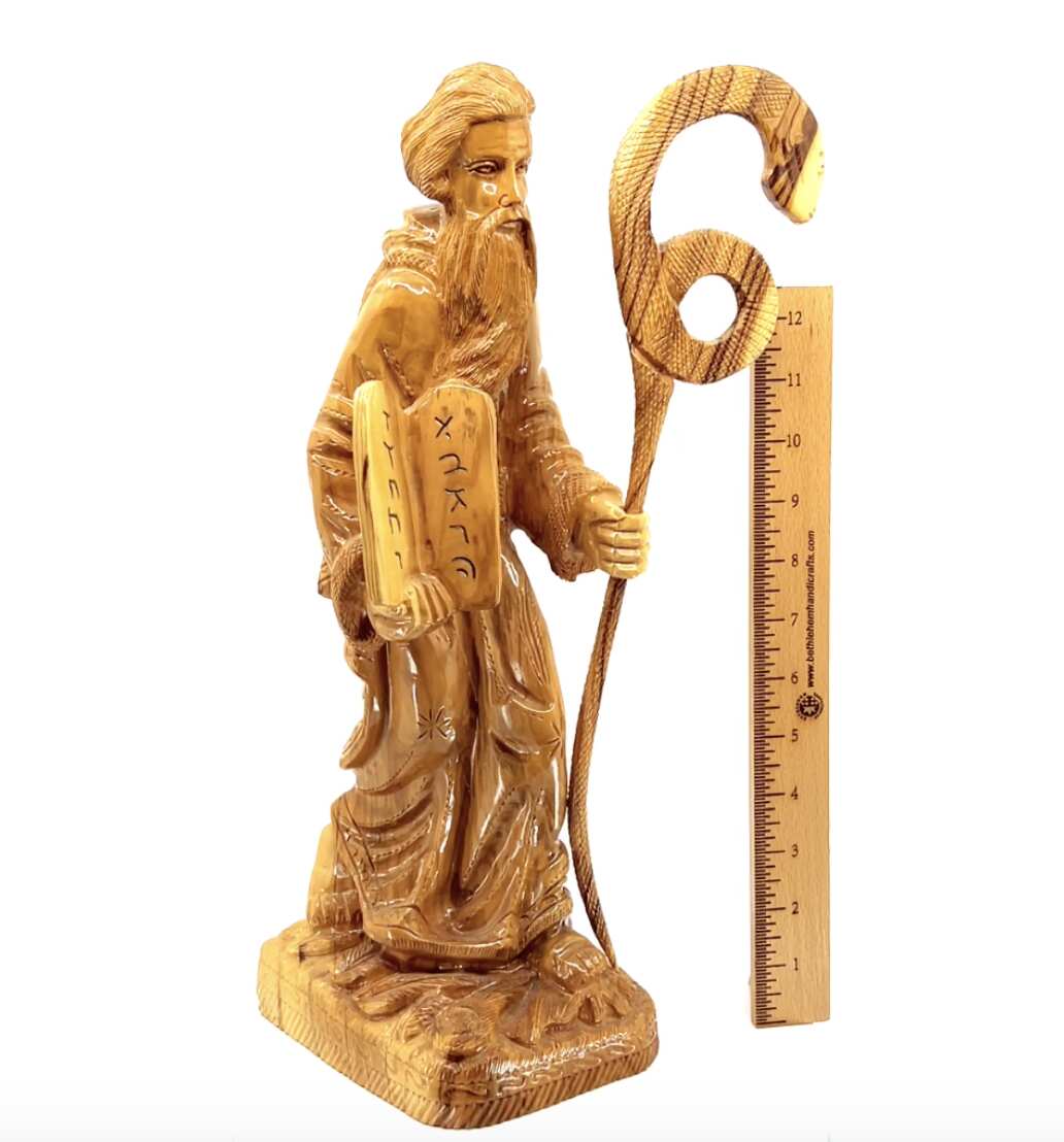 Moses with Staff and Ten Commandment Tablets, 17" Statue from Holy Land Olive