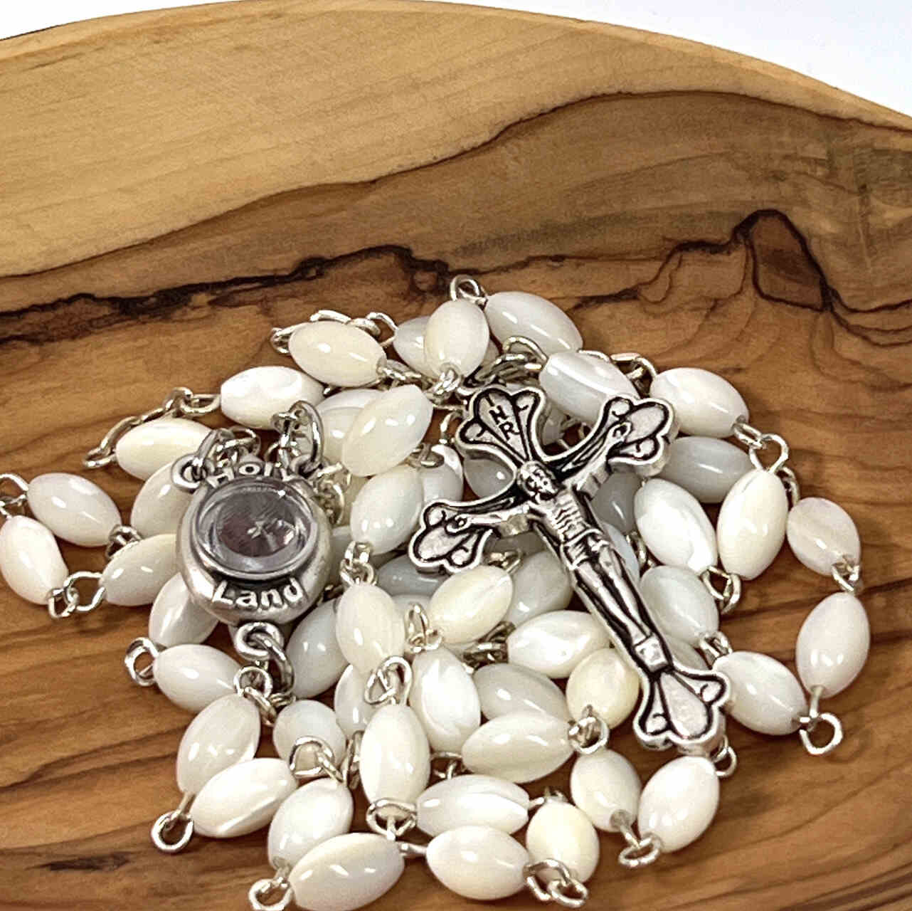 Rosary, White Pearl Oval Gemstone Beads, 23.6", Metal Chain, Bethlehem Handmade