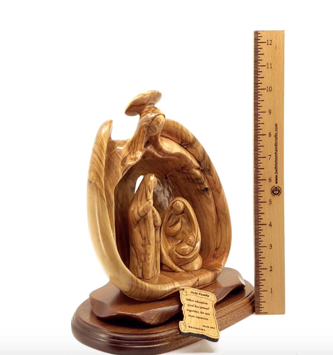 Holy Family with Angel Nativity, 10.2" Carved Abstract Olive Wood Statue from Holy Land