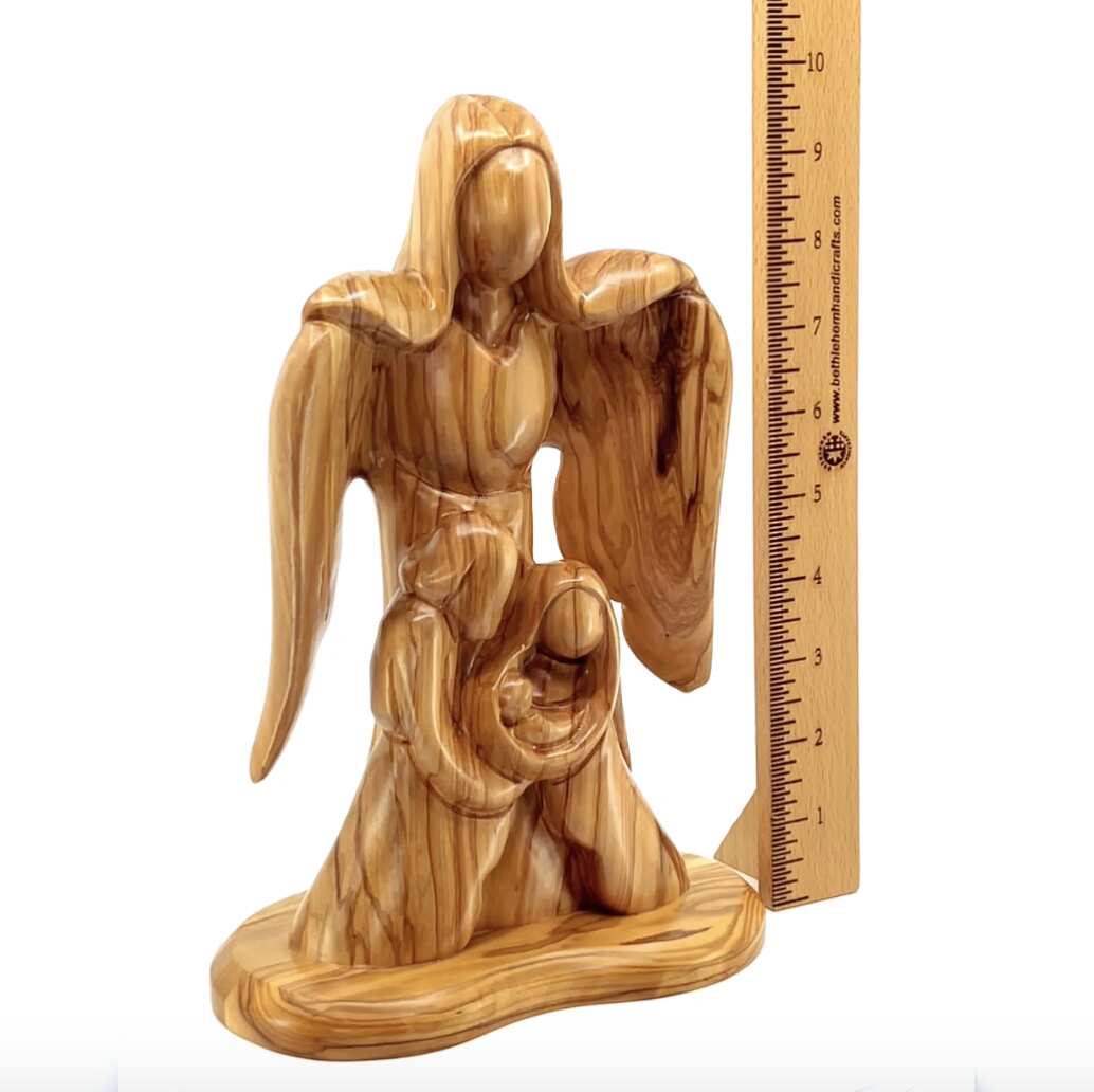 Nativity Scene with Angel Abstract, 10" Sculpture from Olive Wood