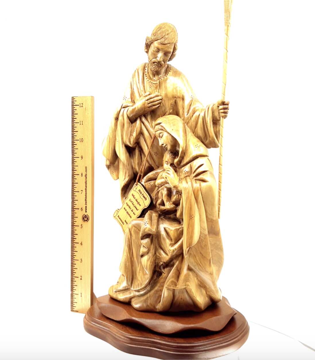 Nativity Scene Sculpture with Holy Family Holding Baby Jesus Christ, 16" Carving Masterpiece from Holy Land Olive Wood, Made in Bethlehem