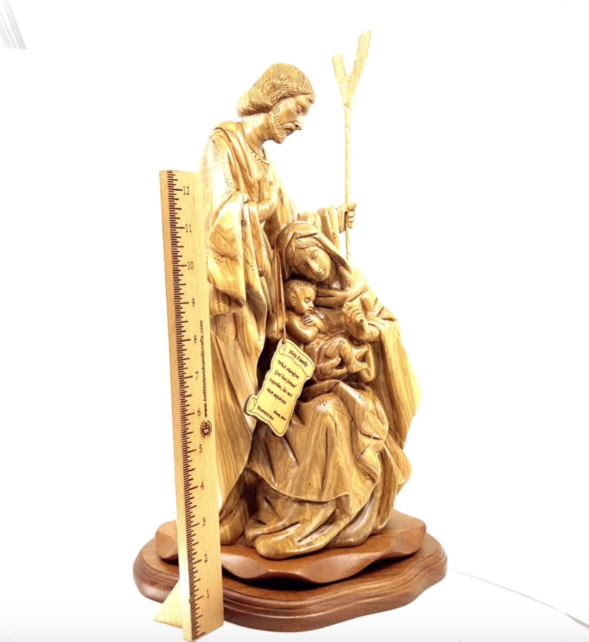 Nativity Scene Sculpture with Holy Family Holding Baby Jesus Christ, 16" Carving Masterpiece from Holy Land Olive Wood, Made in Bethlehem