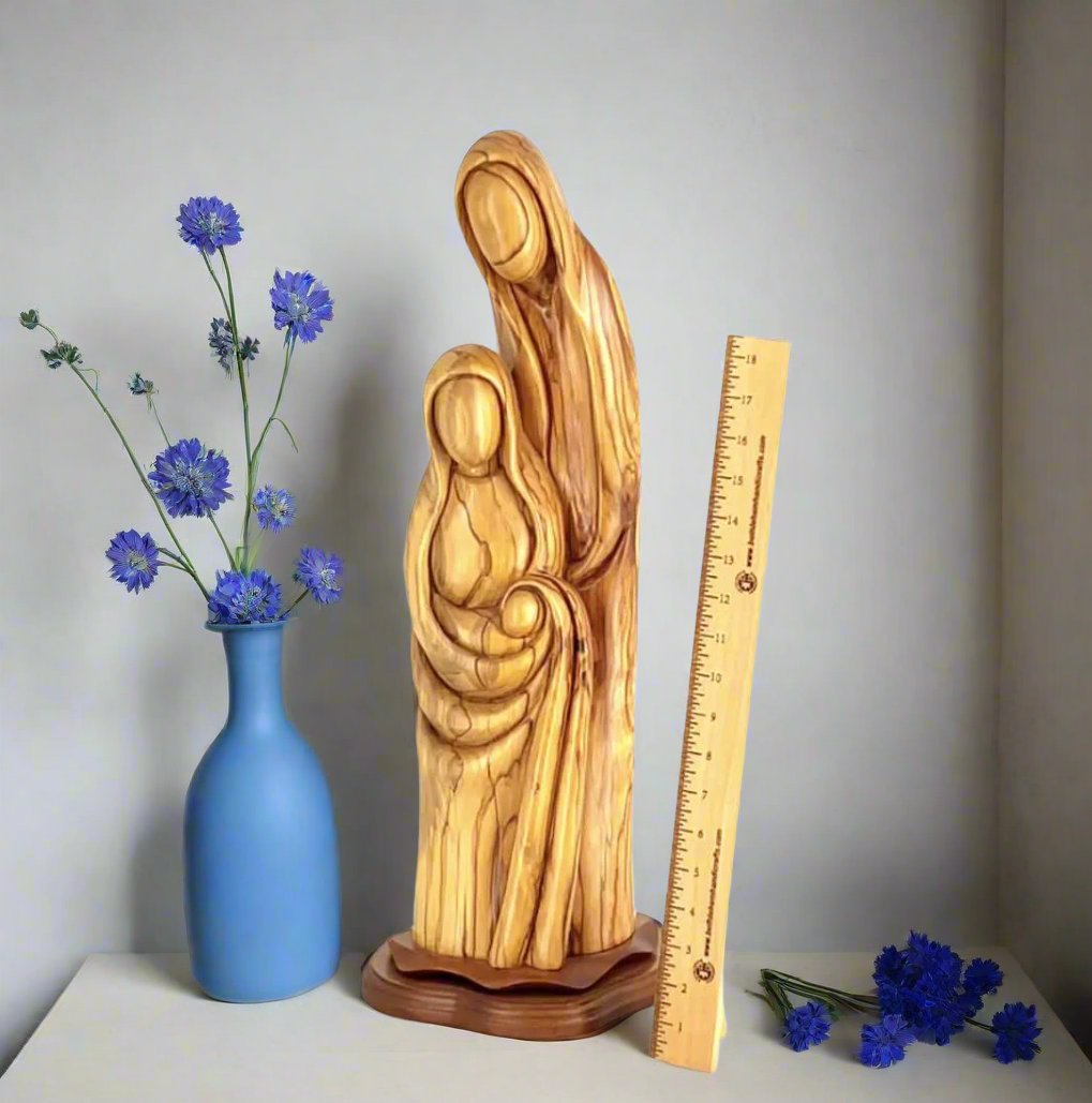 Nativity Scene Sculpture with Holy Family, 23.3" Abstract Statue, Hand Carved Olive Wood