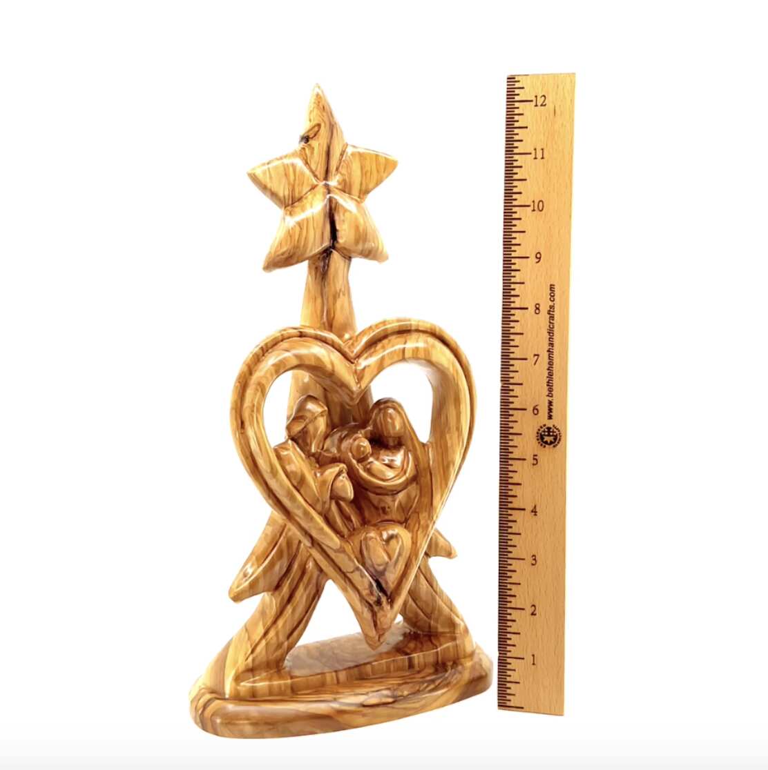 Holy Family with Star of Bethlehem "Heart Shaped", 12.8"  Abstract Hand Carved Olive Wood