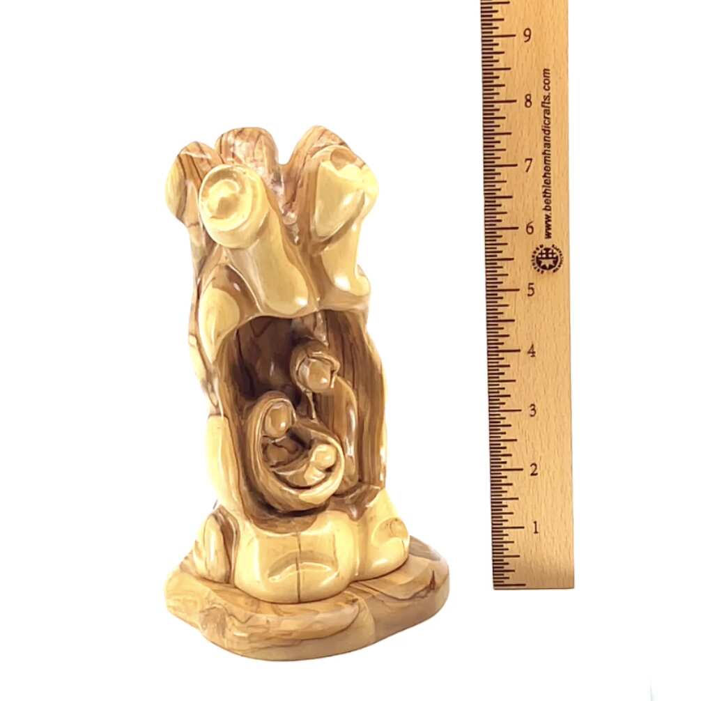 Nativity Scene Sculpture in Natural Olive Wood, 7.7" Unique Manger with The Holy Family Carving