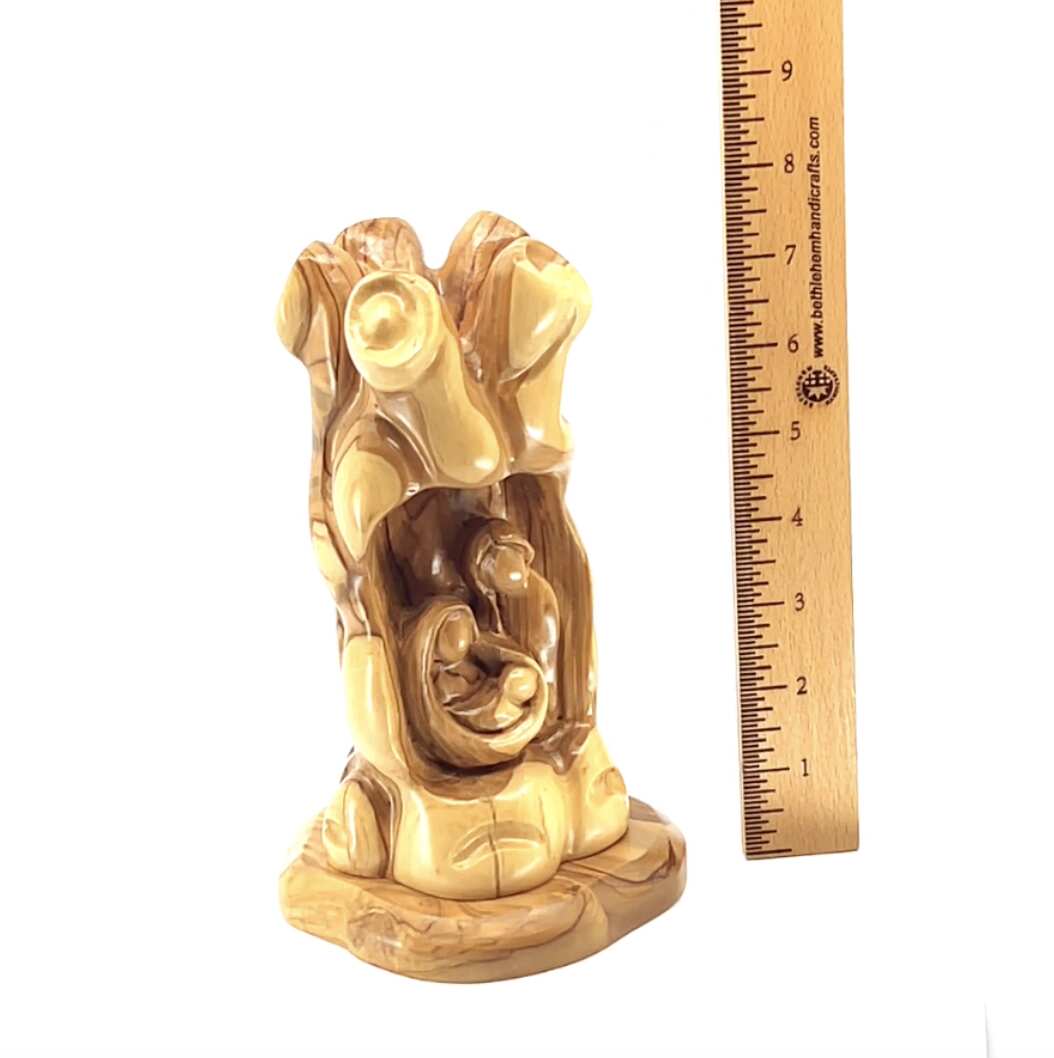 Nativity Scene Sculpture in Natural Olive Wood, 7.7" Unique Manger with The Holy Family Carving