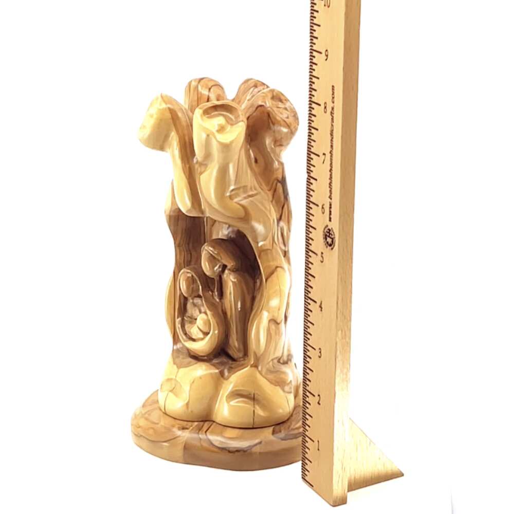 Nativity Scene Sculpture in Natural Olive Wood, 7.7" Unique Manger with The Holy Family Carving