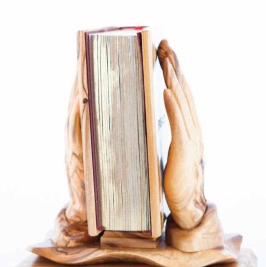 Book Holder Made from Carved Wooden Hands with Unique Wood Grain Pattern, with Bible
