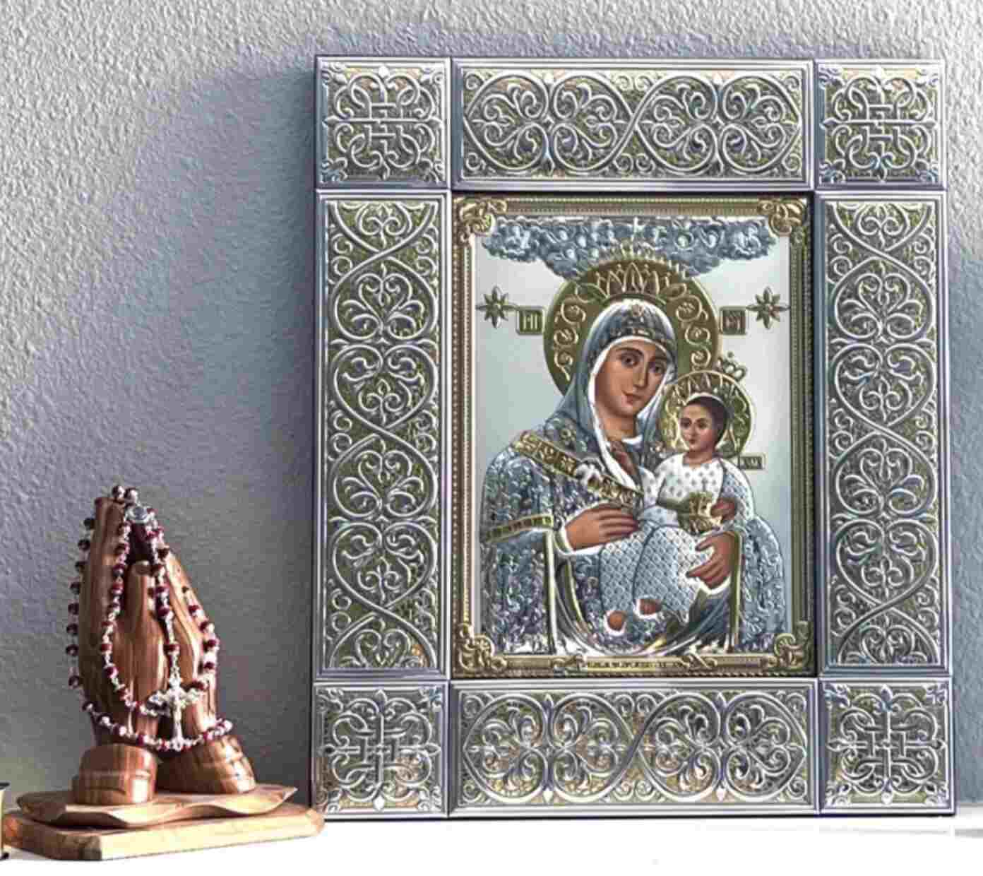 Virgin Mary Holding Baby Jesus Christ Silver Icon, Bethlehem Smiling Frame is Silver Plated, Gold Color