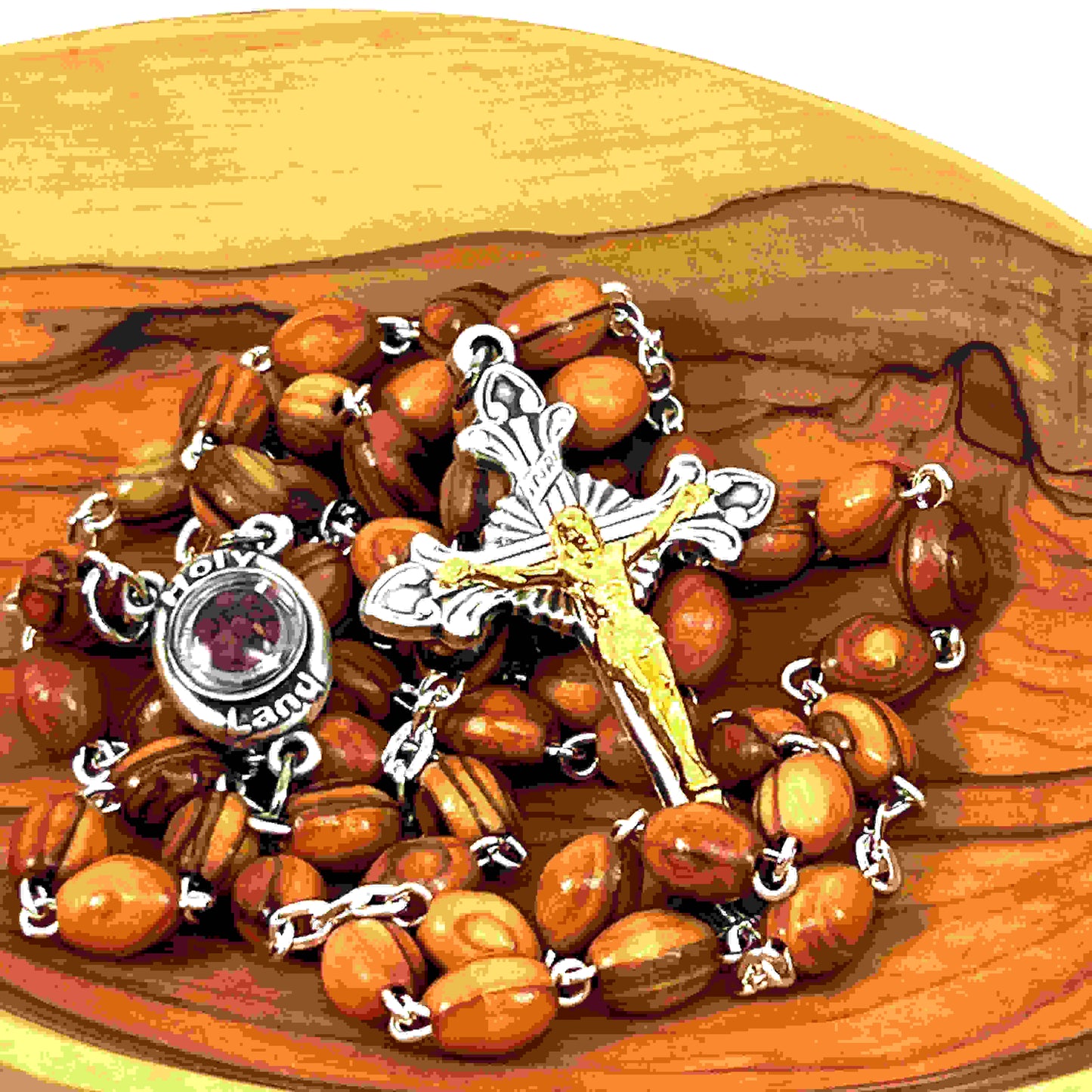 Rosary with Smooth Oval Wooden Beads, Hand Made in Bethlehem from Holy Land Olive Wood