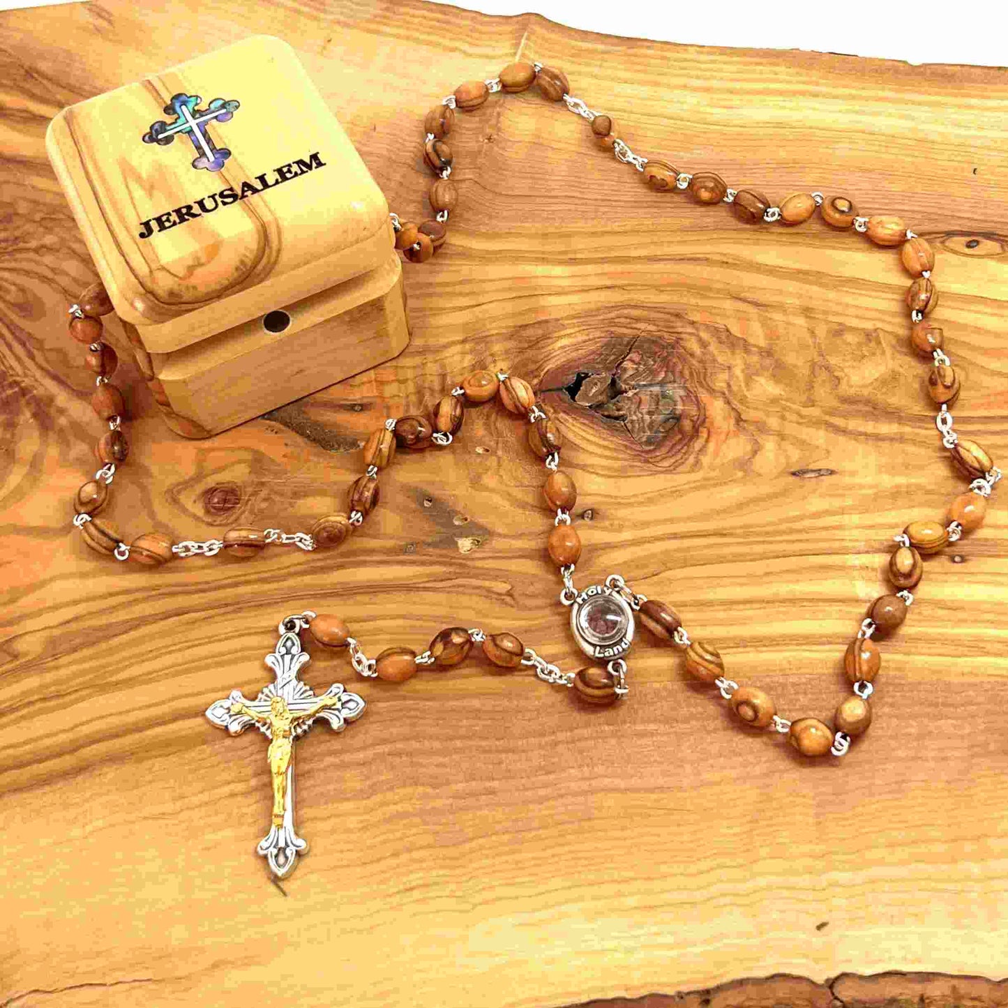 Rosary with Smooth Oval Wooden Beads, Hand Made in Bethlehem from Holy Land Olive Wood