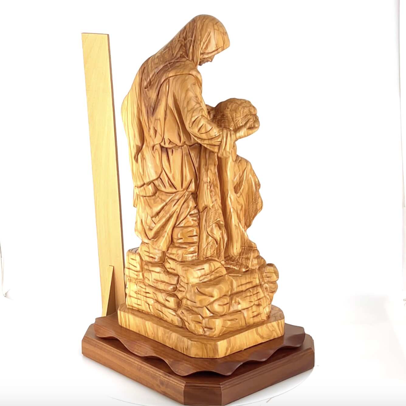 Contemplative Pieta Statue 26.4", Very Large Olive Wood Carving Statue from Bethlehem