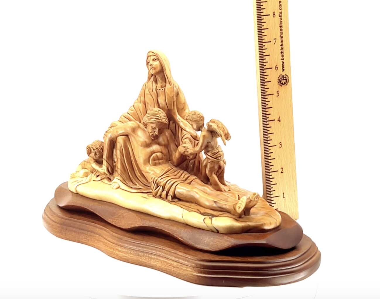 Pieta with 2 Angels, 12.2" Long Olive Wood Carving from Bethlehem, Virgin Mary with Jesus Christ