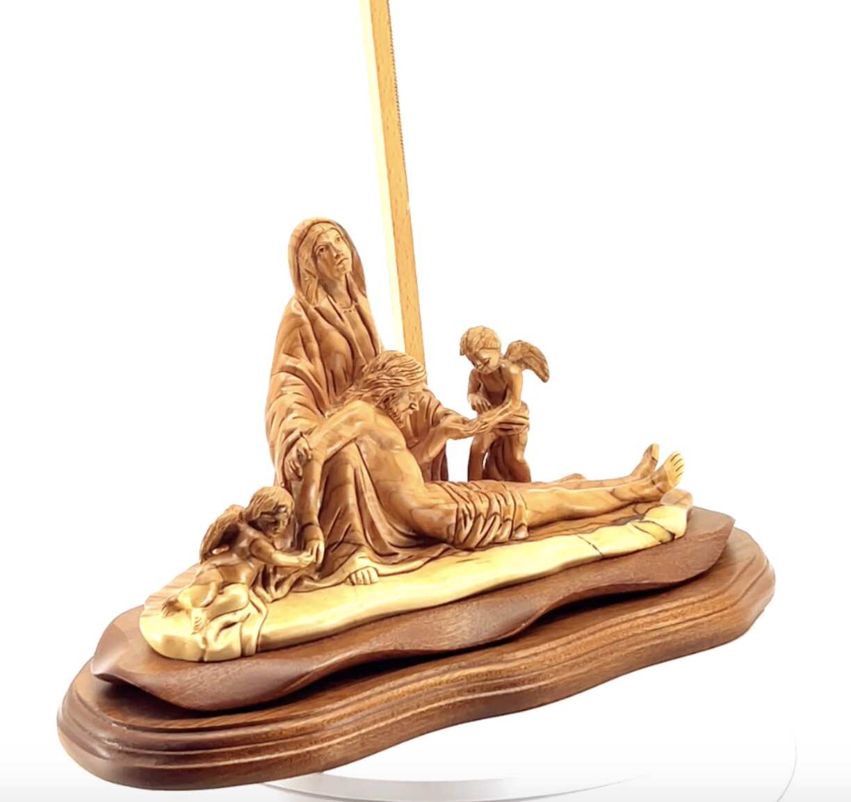 Pieta with 2 Angels, 12.2" Long Olive Wood Carving from Bethlehem, Virgin Mary with Jesus Christ