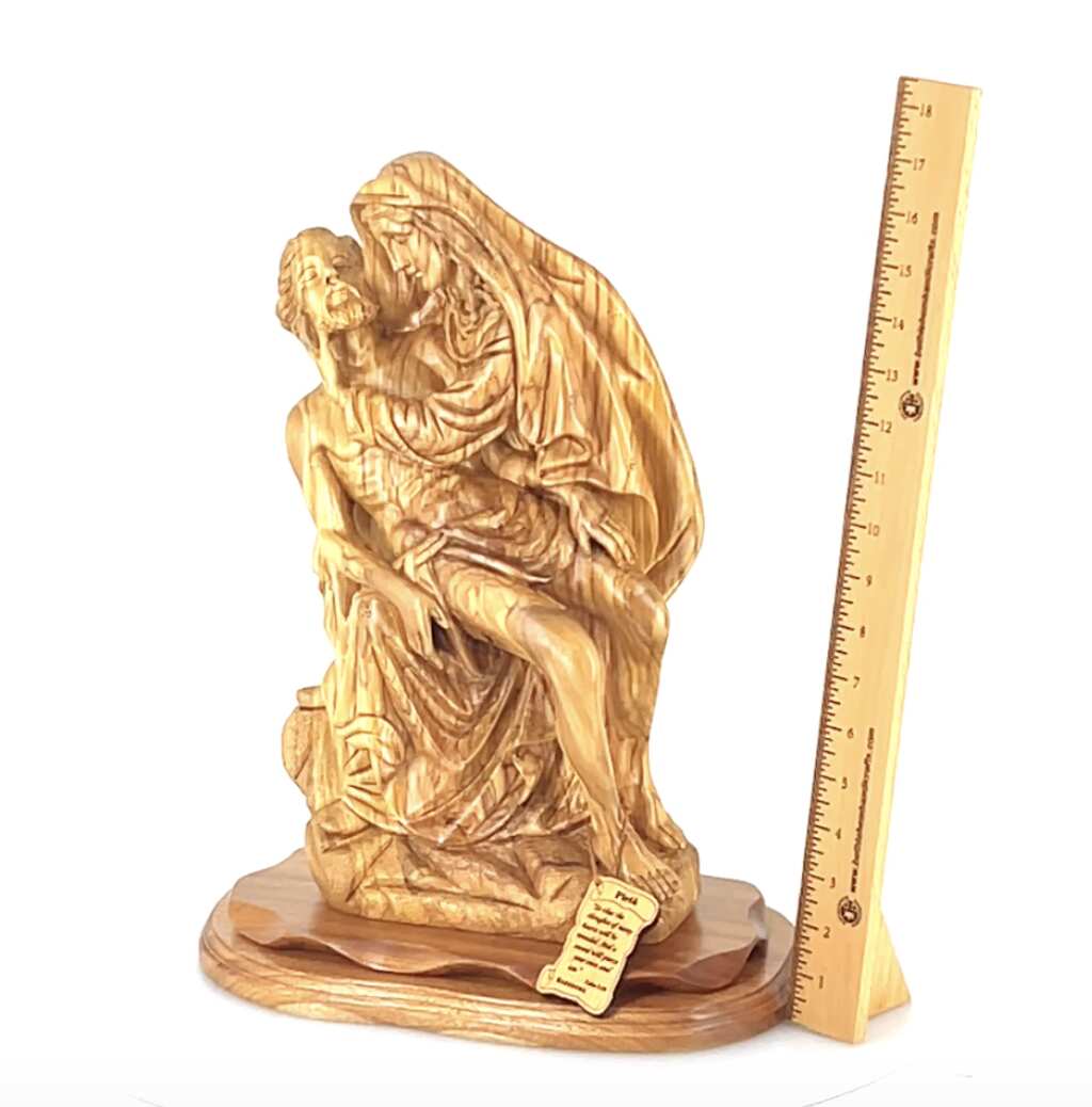 Pieta Figurine, Olive Wood Carving, 17.7" Statue from Bethlehem