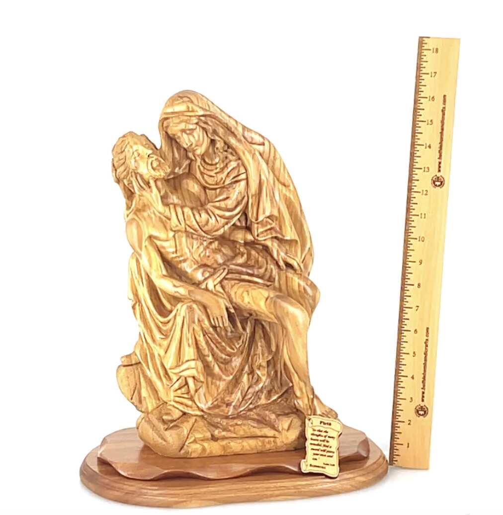 Pieta Figurine, Olive Wood Carving, 17.7" Statue from Bethlehem