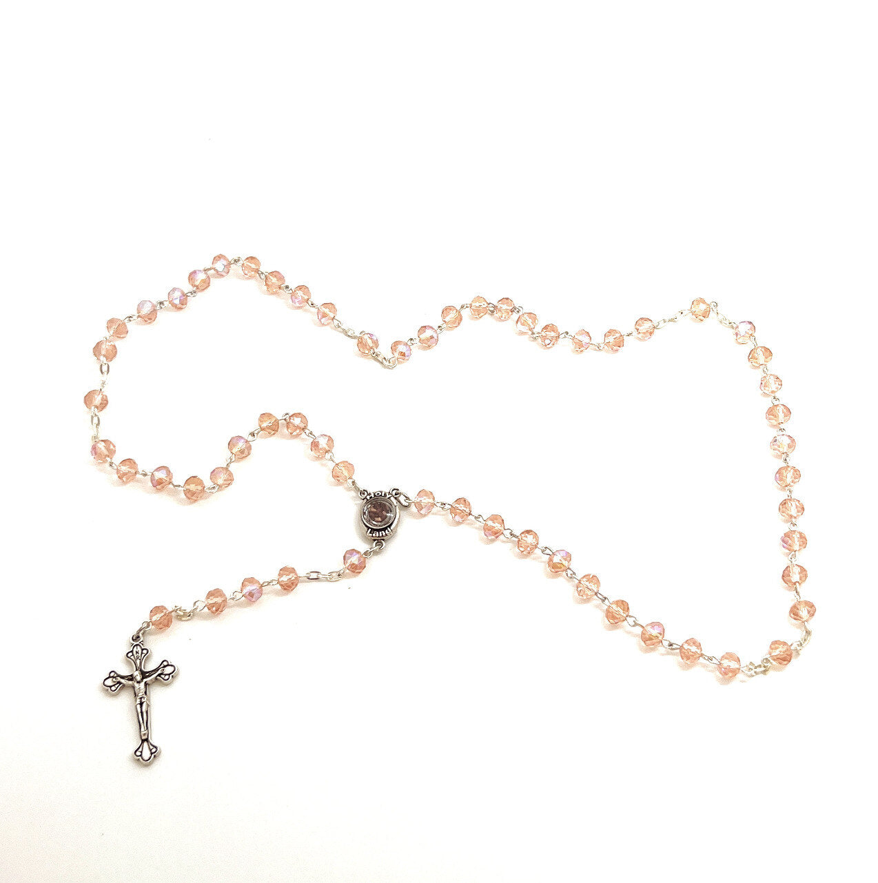 Rosary with Pink Crystal Beads, Metal Chain with 2" Crucifix, Made in Bethlehem