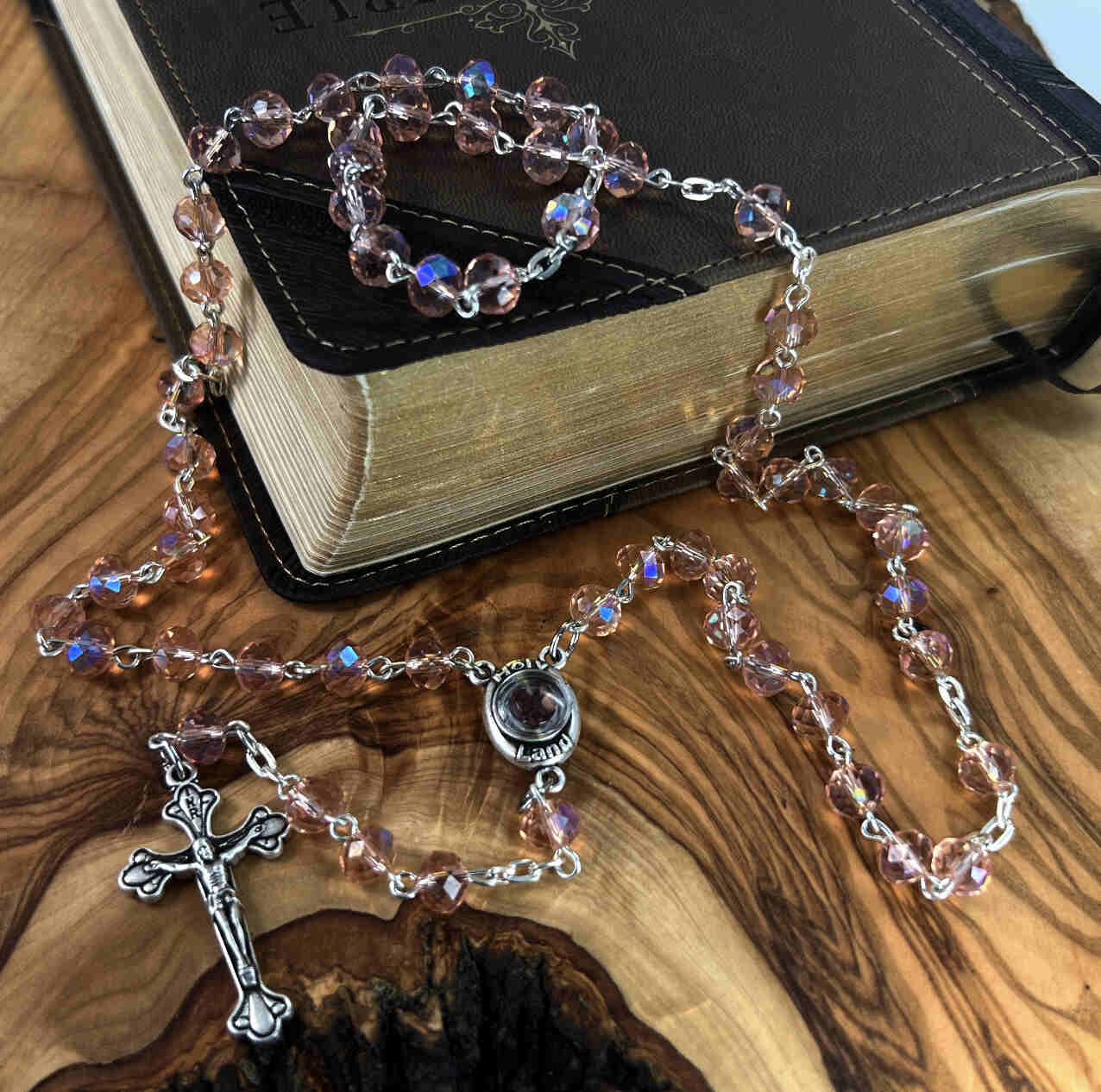 Rosary, Pink Crystal Beads, 18.5", Metal Chain, Bethlehem Handmade
