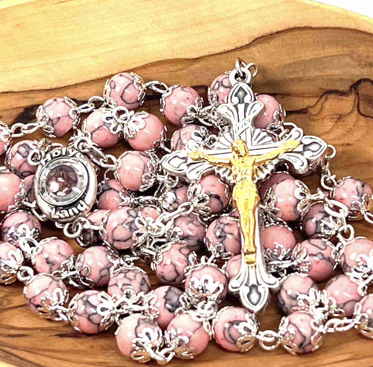 Rosary with Pink Stone Beads, Heavy Coral Stone Prayer Beads on Metal Chain, 2" Crucifix