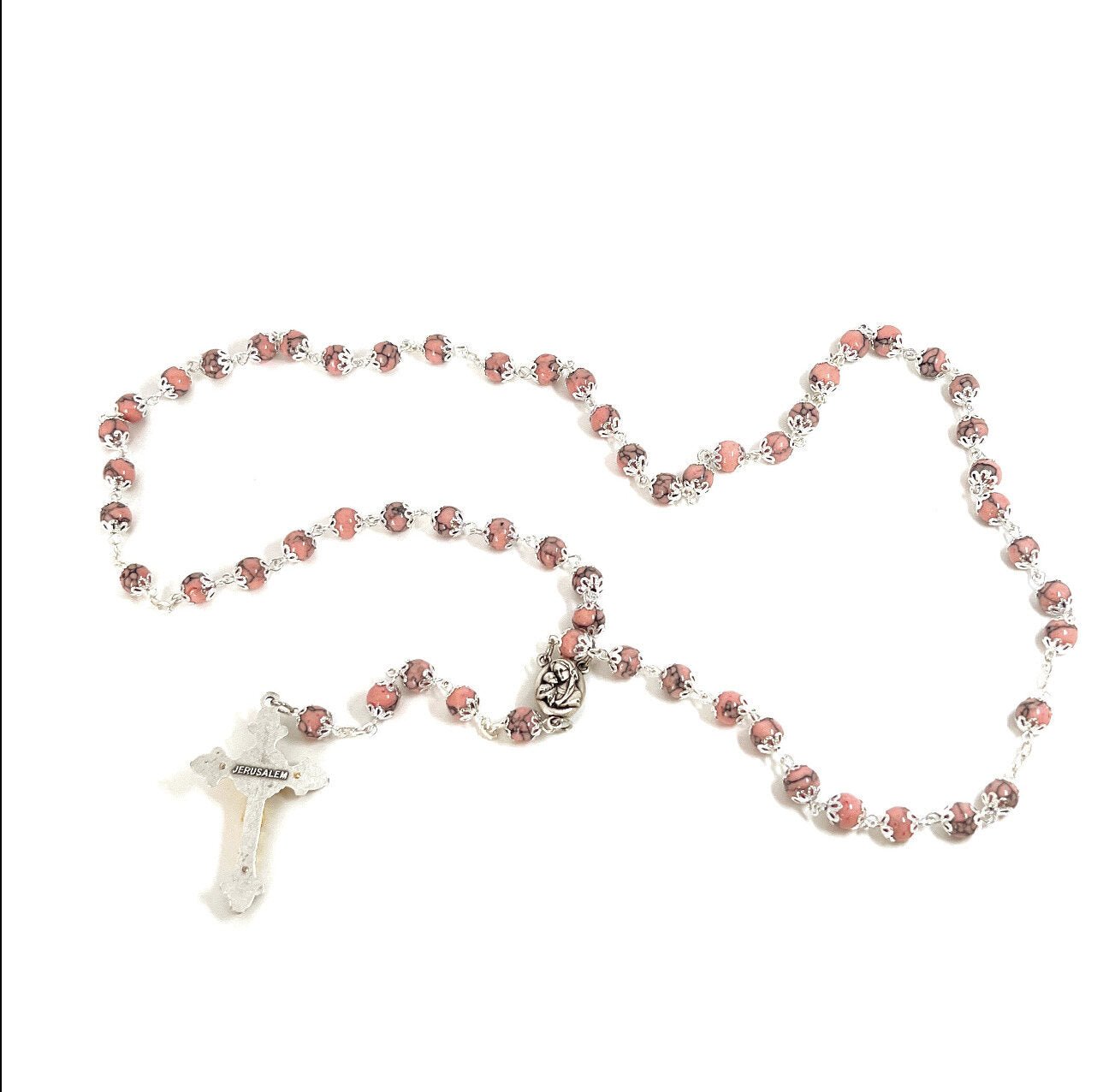 Rosary with Pink Stone Beads, Heavy Coral Stone Prayer Beads on Metal Chain, 2" Crucifix