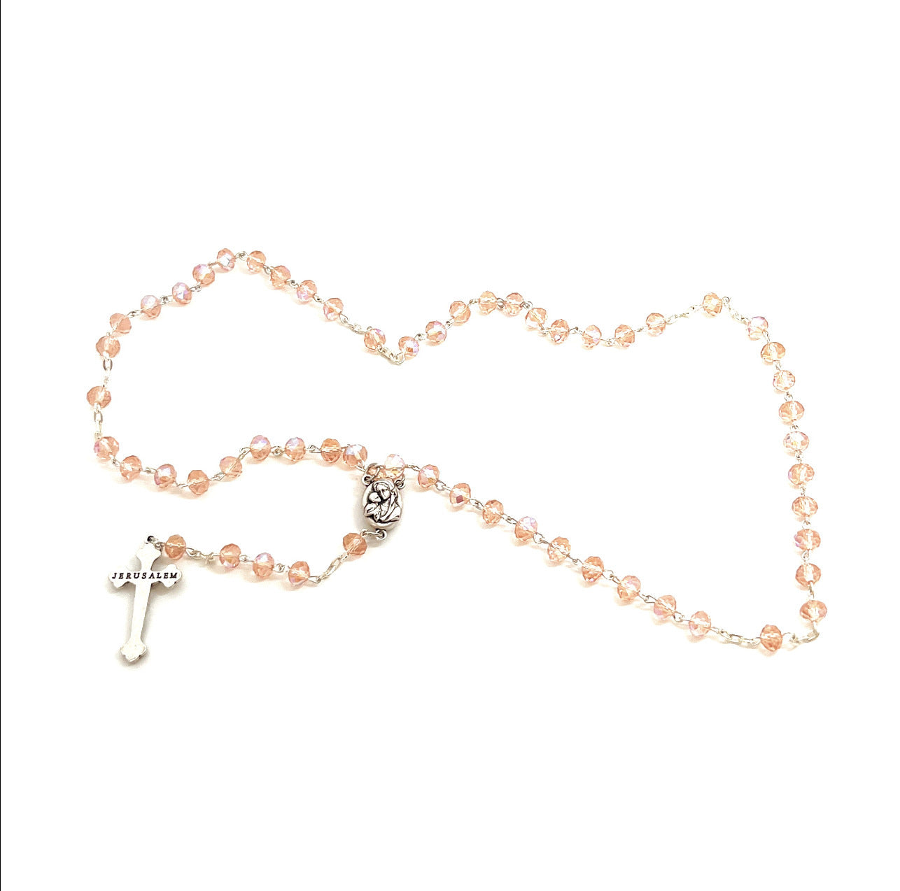Rosary, Pink Crystal Beads, 18.5", Metal Chain, Bethlehem Handmade