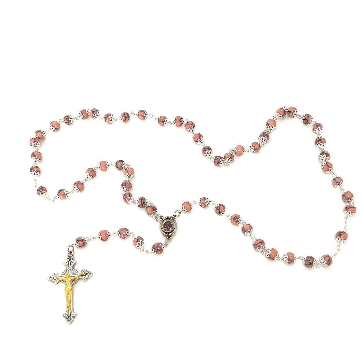 Rosary, Pink Beads, 22.4", Metal Chain, Bethlehem Handmade
