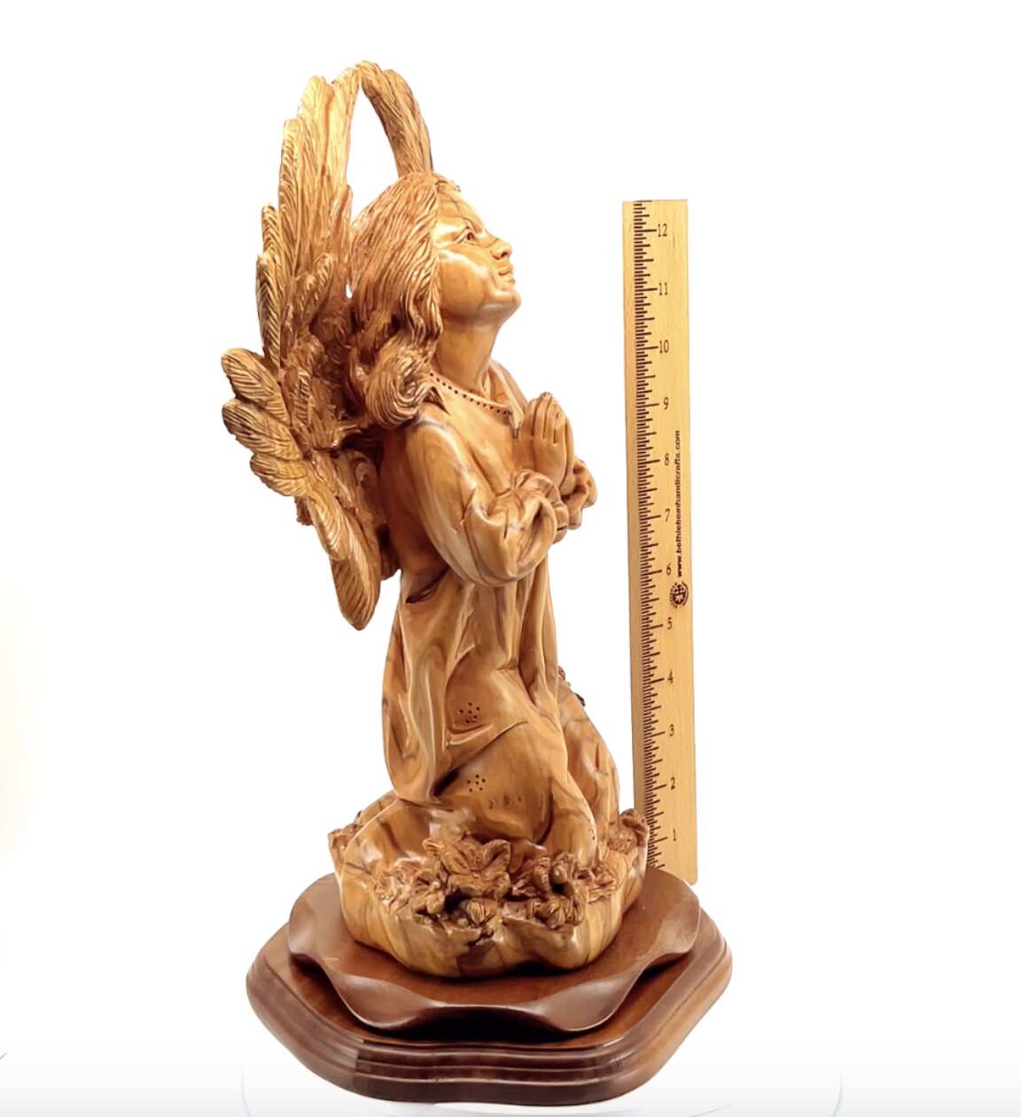 Angel with Wings Praying, 14.5" Carved Statue from Holy Land Olive Wood