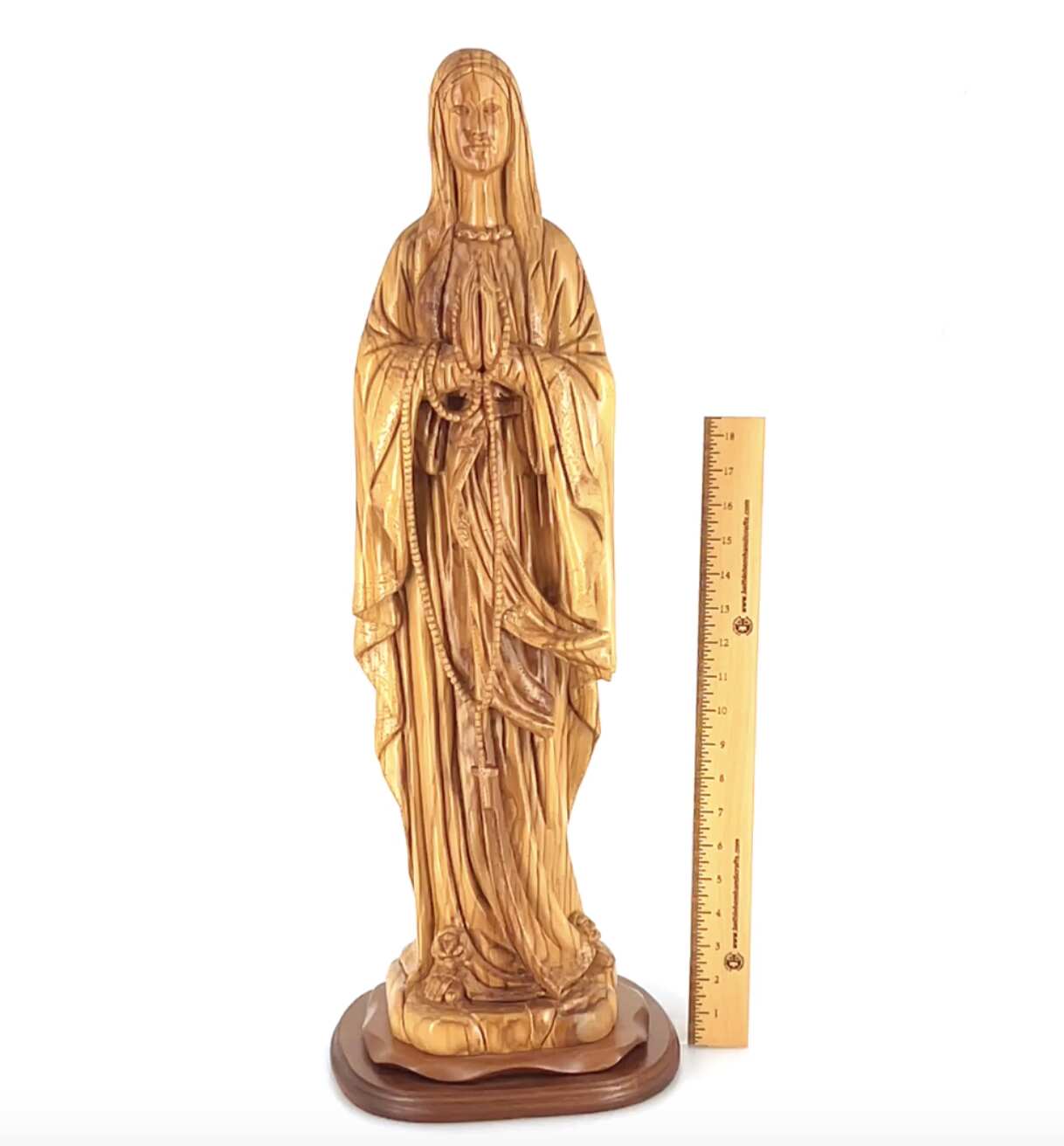 Praying Virgin Mary with a Rosary, 30" Masterpiece Olive Wood Carved Sculpture Catholic Church Art from Holy Land