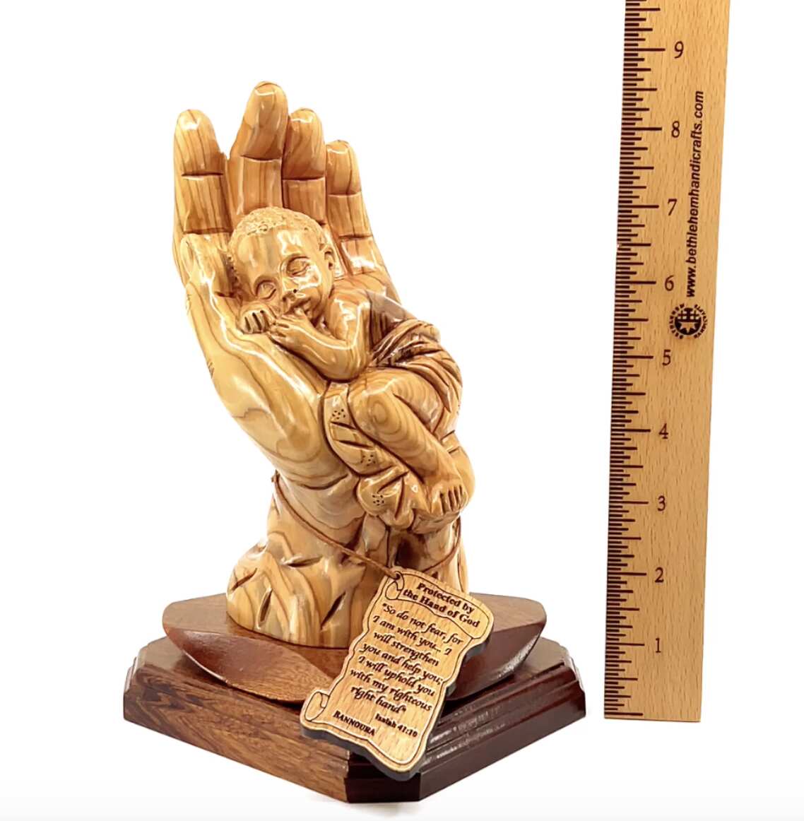 “Protected by the Hand of God” Sculpture 8.5" Tall, Made from Holy Land Olive Wood