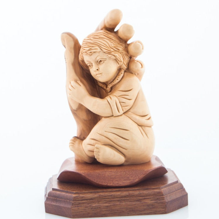 Boy Protected By The Hand of God Wooden Carving Sculpture Hand Made from Holy Land Olive Wood