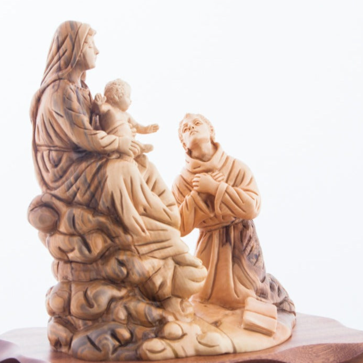 Virgin Mary Queen of the Franciscan Order with the Holy Child Jesus Christ with Kneeling St Francis Carving from Olive Wood grown in the Holy Land, beautiful unique christian art hand made in Bethlehem