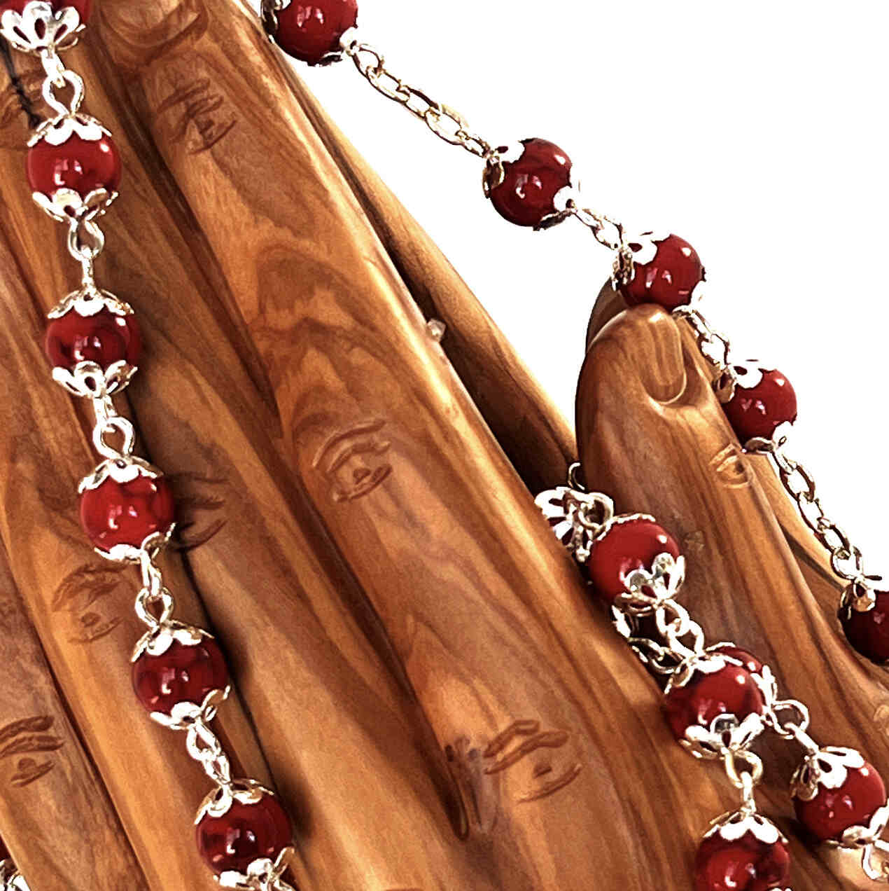 Rosary with Red Stone Beads, Metal Chain and 2" Crucifix, Made with Holy Land Coral Stone Beads