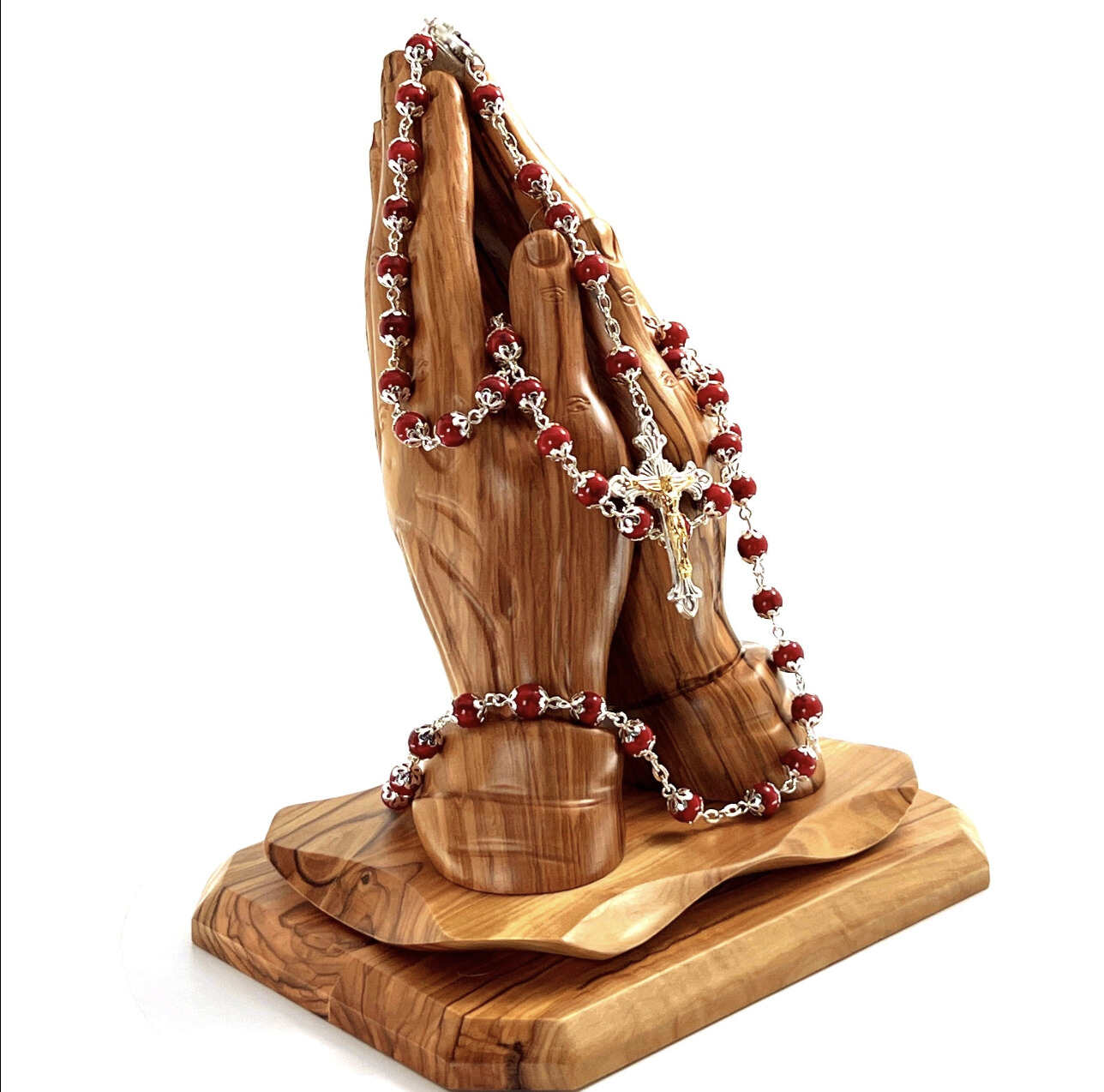 Rosary, Red Stone Beads, 22.4", Metal Chain, Bethlehem Handmade