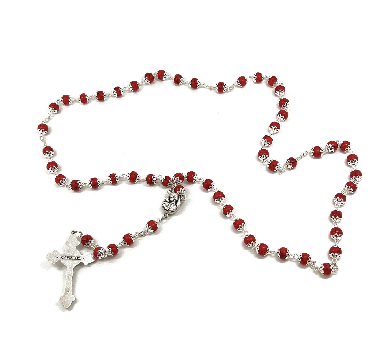 Rosary with Red Stone Beads, Metal Chain and 2" Crucifix, Made with Holy Land Coral Stone Beads