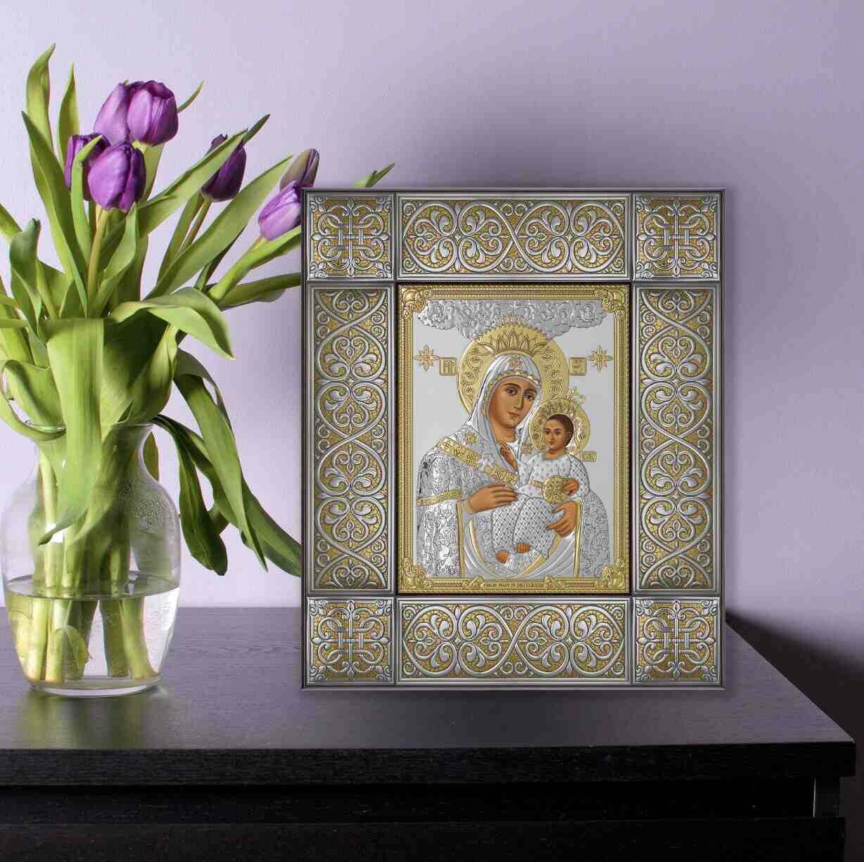Virgin Mary Holding Baby Jesus Christ Silver Icon, Bethlehem Smiling Frame is Silver Plated, Gold Color