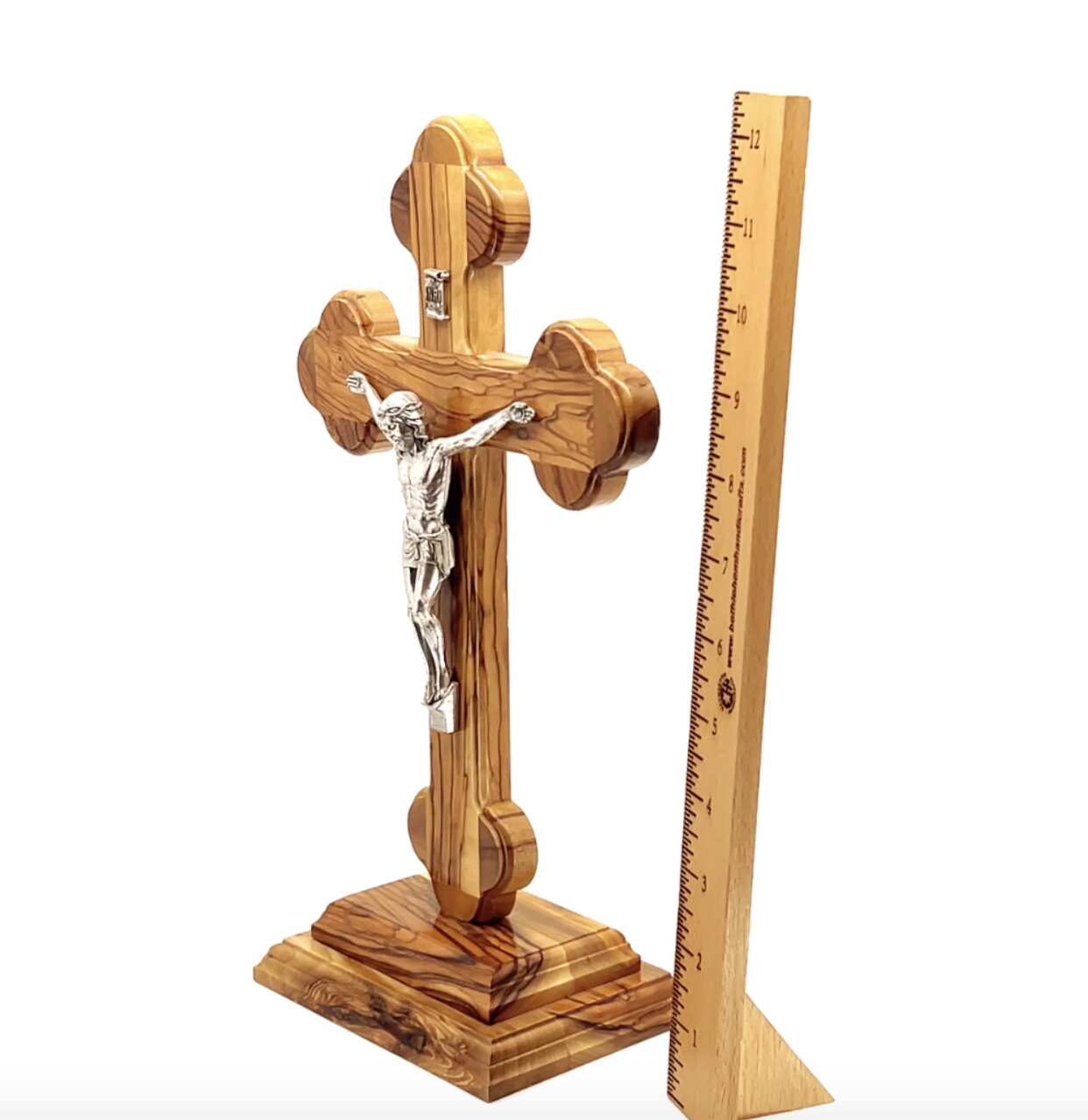 12" Standing Roman Budded Crucifix Wooden Cross , Handmade from Holy Land Olive (Large)