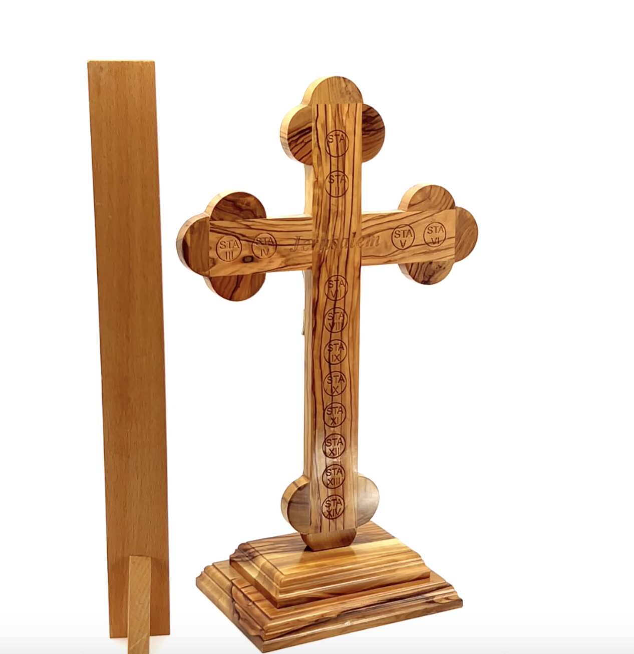 12" Standing Roman Budded Crucifix Wooden Cross , Handmade from Holy Land Olive (Large)