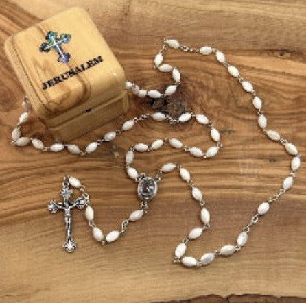 Rosary, White Pearl Oval Gemstone Beads, 23.6", Metal Chain, Bethlehem Handmade
