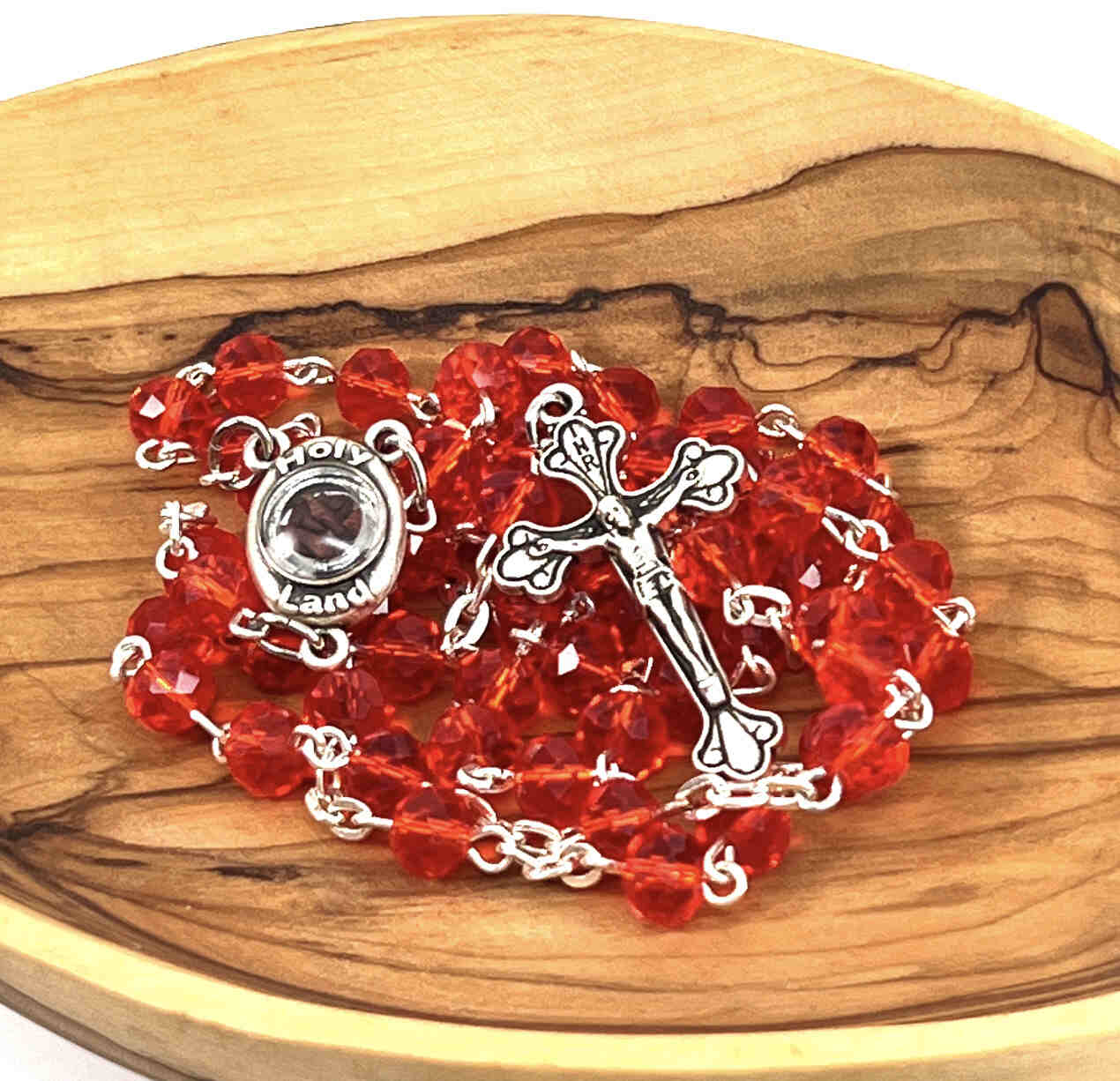 Rosary with Red Crystal Beads Handmade, Holy Land Soil from
