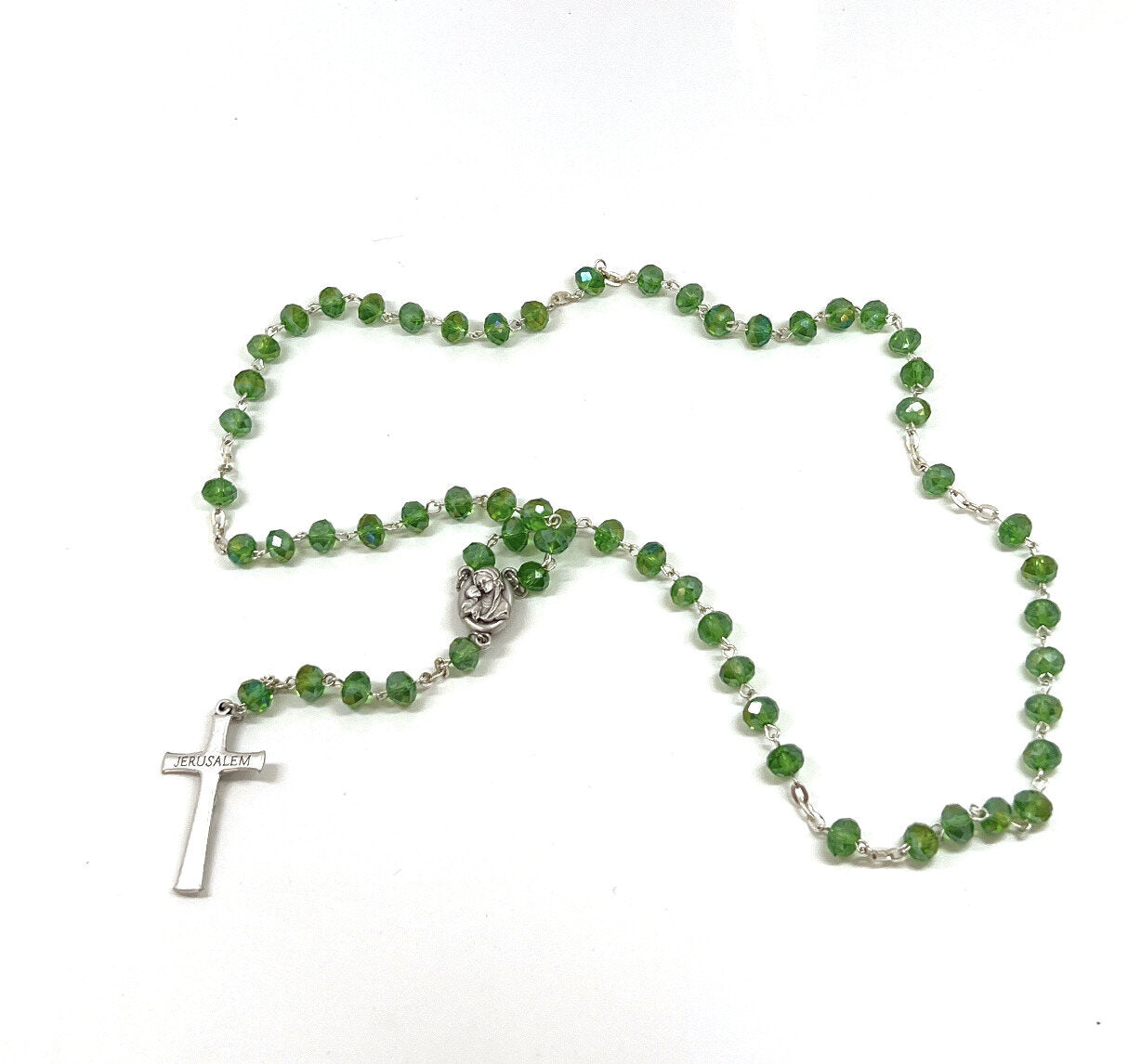 Rosary, Green Crystal Beads, 22.4", Metal Chain, Bethlehem Handmade