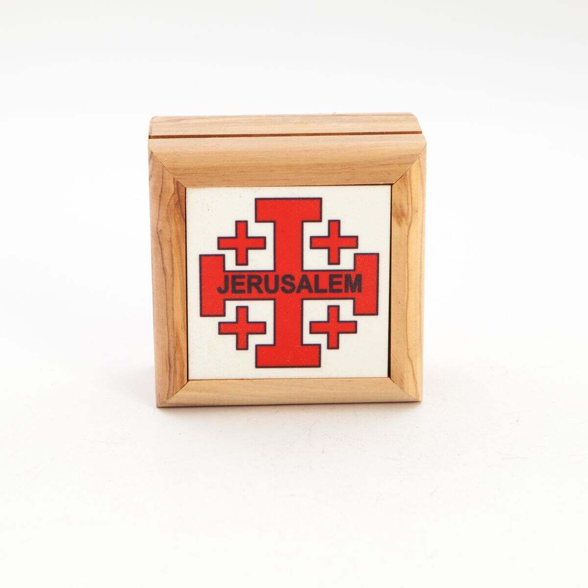 Square Jerusalem Cross Printed Hand Carved Olive Wood Box (Jerusalem)