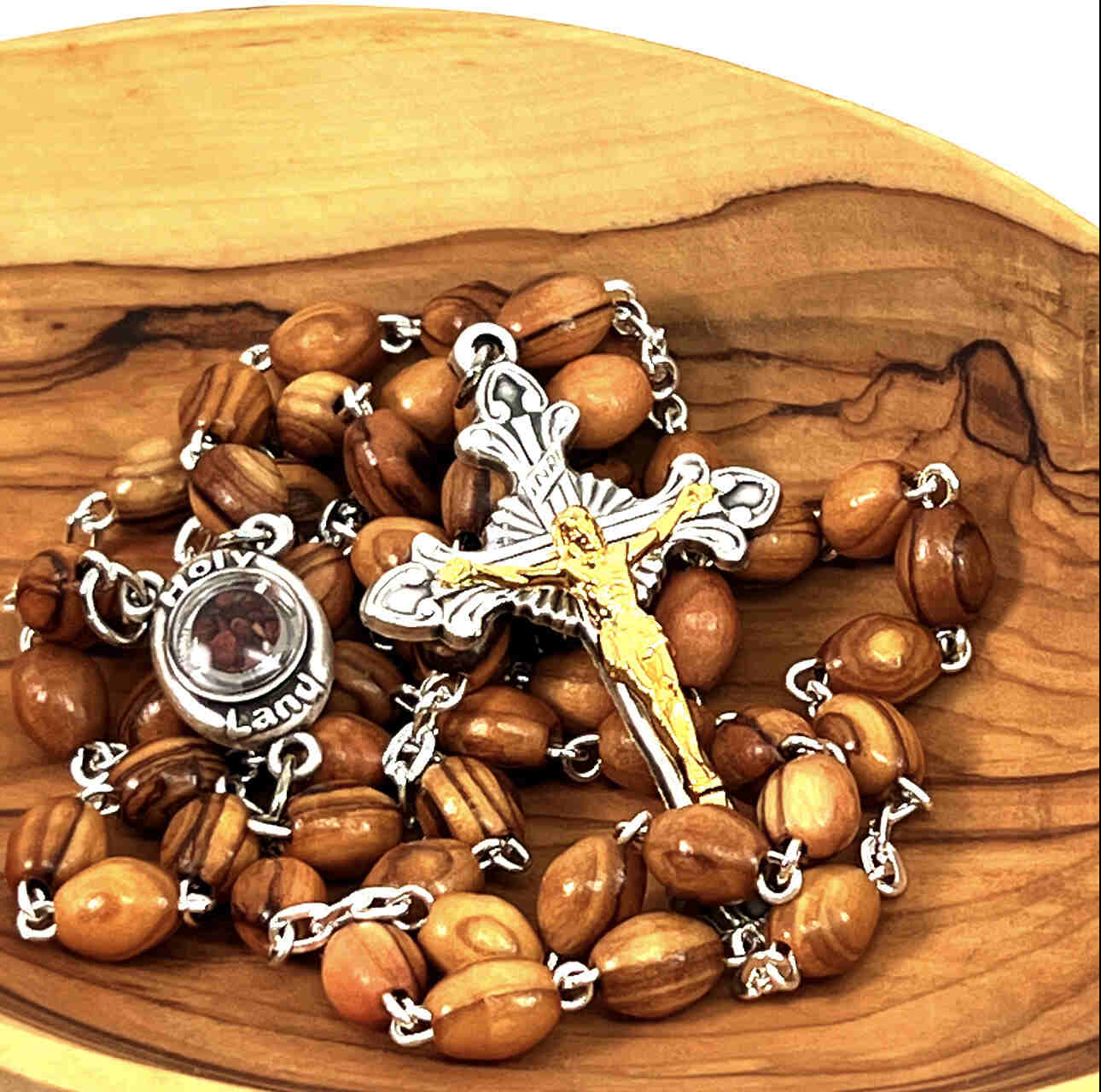 Rosary, 22.4", Smooth Oval Beads, Holy Land Olive Wood