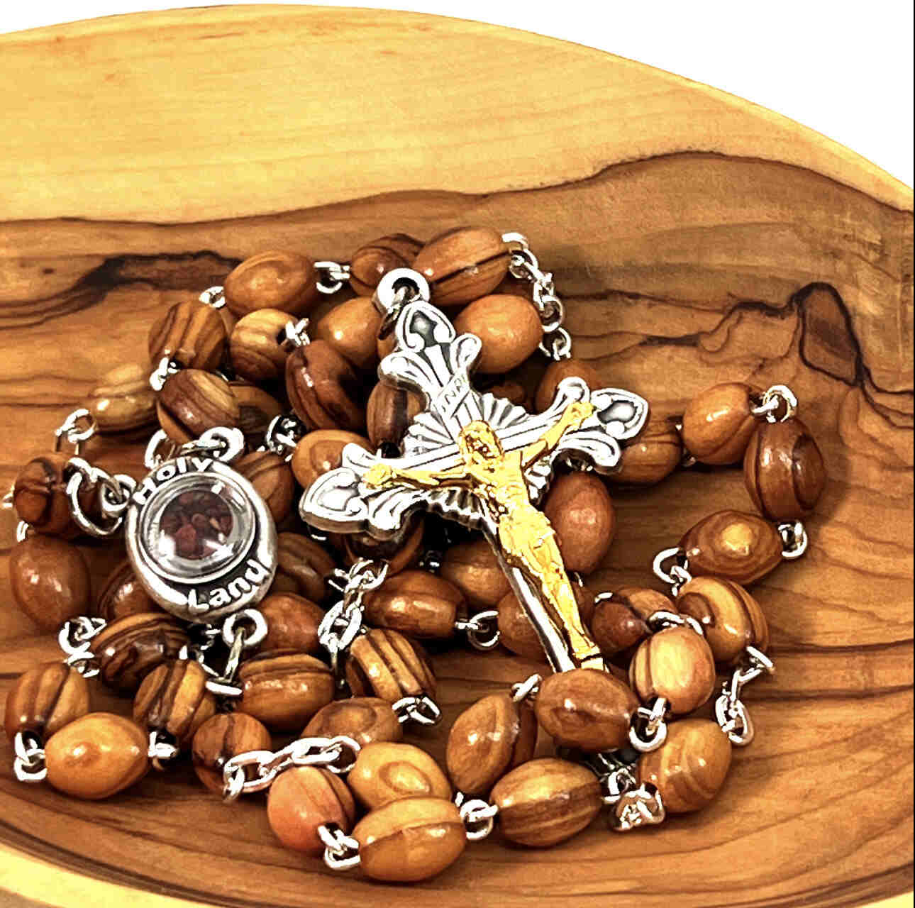 Rosary with Smooth Oval Wooden Beads, Hand Made in Bethlehem from Holy Land Olive Wood