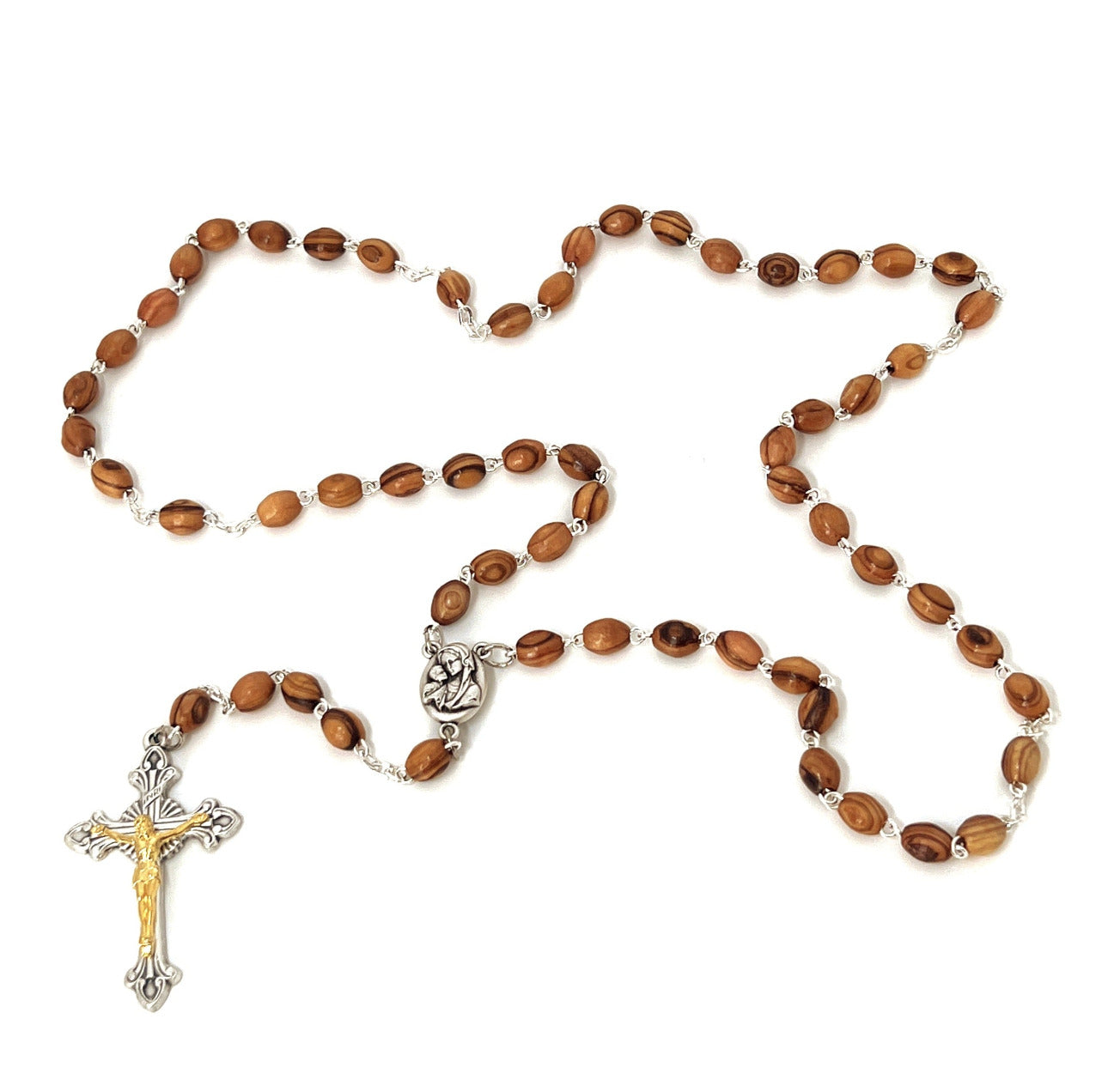 Smooth Wooden Bead Rosary, Silver and Gold Plated Crucifix